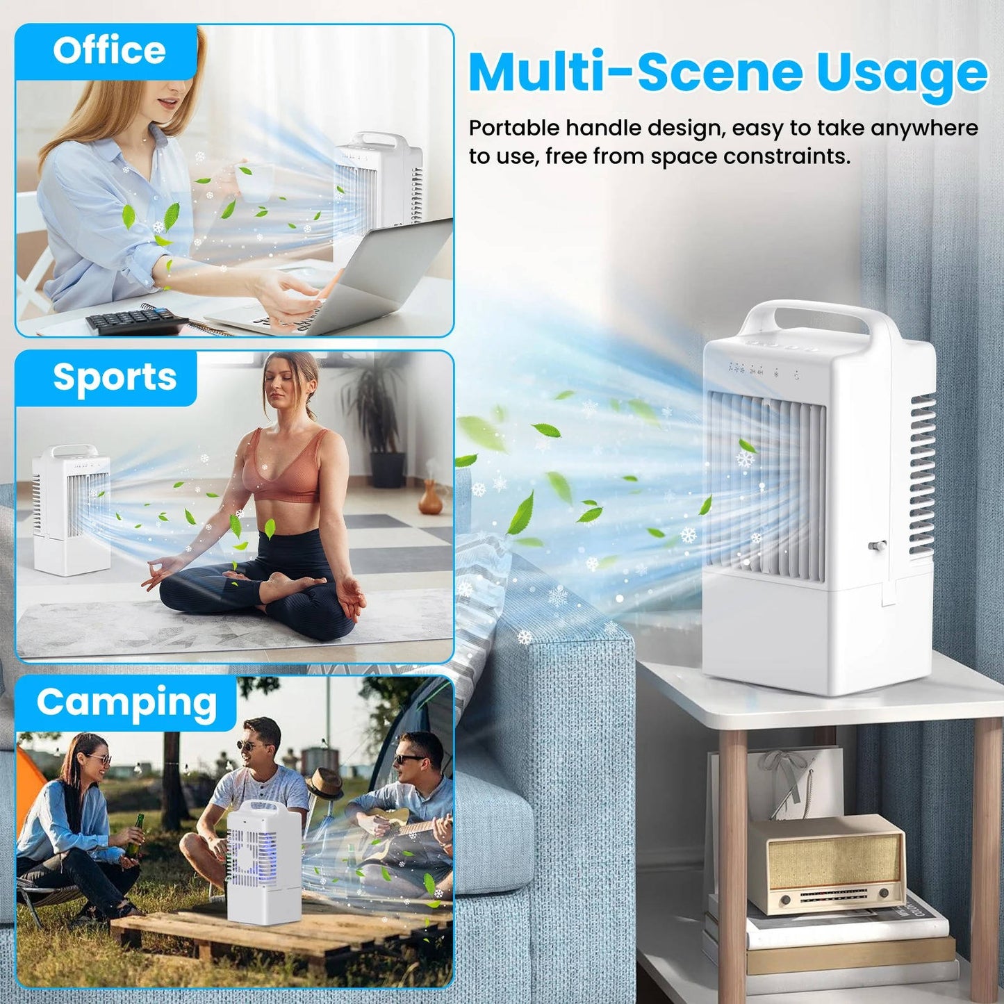 Ventilateur rafraîchissant USB personnel, mini-climatiseur de bureau avec lumière d'ambiance colorée, 4 vitesses et minuteur intelligent