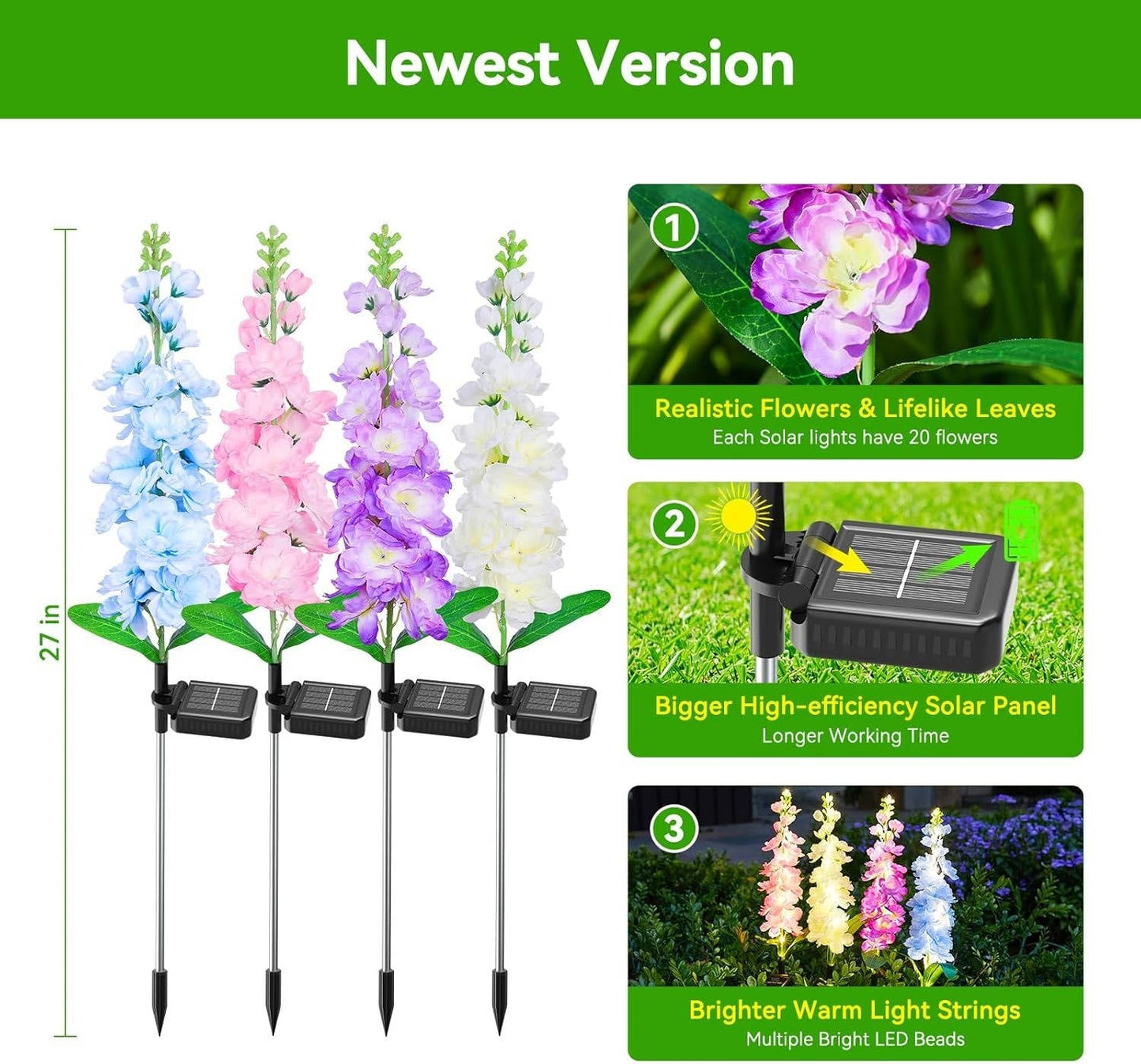 Lampes de jardin solaires delphinium améliorées, fleurs décoratives étanches 36 LED d'extérieur pour paysages, cours et terrasses, lot de 4