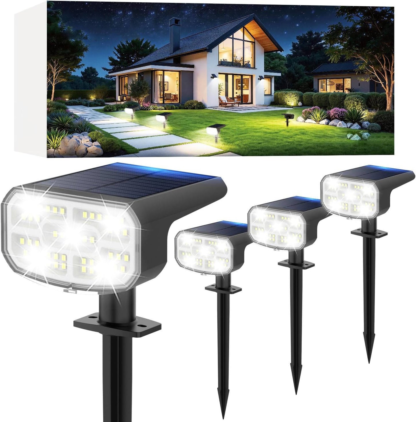 Spots solaires d'extérieur, projecteurs de jardin étanches IP65 avec 2 modes d'éclairage et activation automatique pour cour et paysage, lot de 4