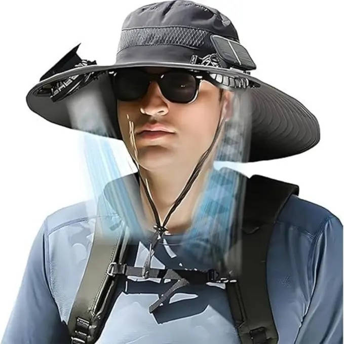 Chapeau de soleil à large bord d'extérieur avec 2 ventilateurs solaires, protection UV pour homme et femme, chapeau rafraîchissant pour le camping et la randonnée