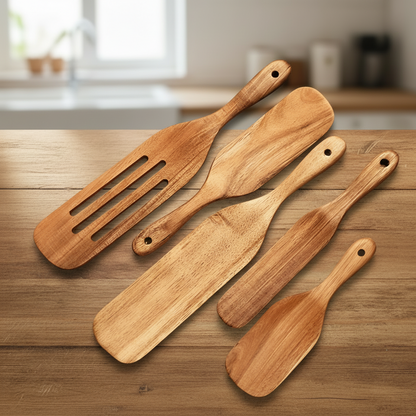 WOODEASE - Sustainable Teak Wood Kitchen Utensil Set for Durable and Gentle Cooking