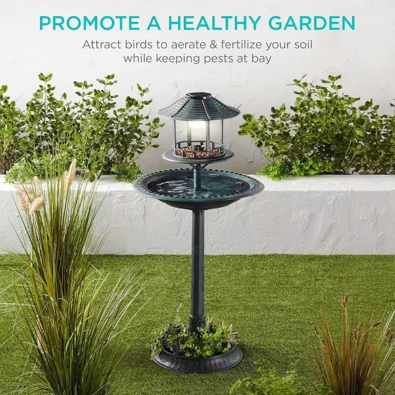 Bain d'oiseaux solaire sur pied avec jardinière intégrée et lampe LED