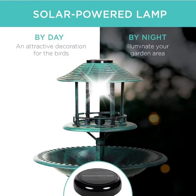 Bain d'oiseaux solaire sur pied avec jardinière intégrée et lampe LED