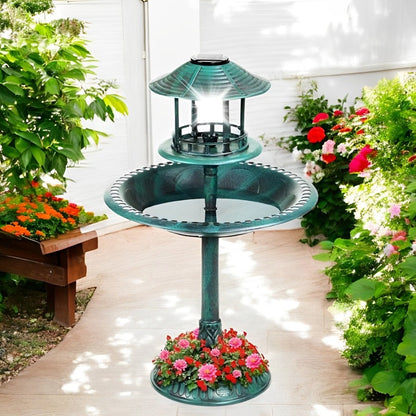 Bain d'oiseaux solaire sur pied avec jardinière intégrée et lampe LED
