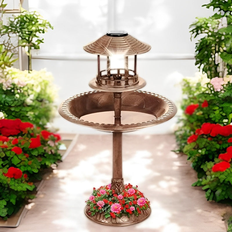 Bain d'oiseaux solaire sur pied avec jardinière intégrée et lampe LED