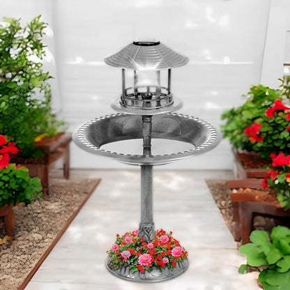 Bain d'oiseaux solaire sur pied avec jardinière intégrée et lampe LED