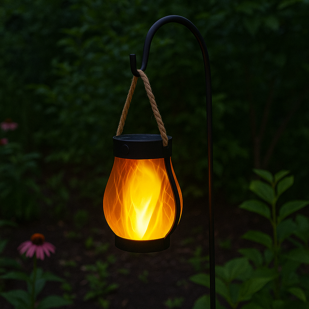 Lanterne solaire d'extérieur à flamme vacillante et modes de lumière stable, double charge