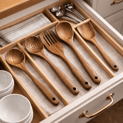 NORDICWOOD - High-Quality Wooden Kitchen Utensil Set for Stylish and Gentle Cooking