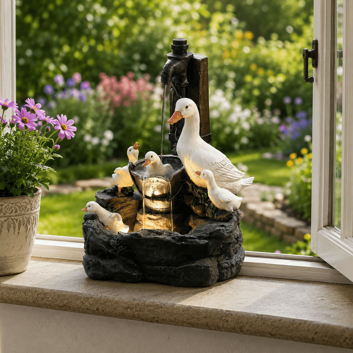 GARTENLUX – Charming Garden Figurine with Duck and Squirrel Design