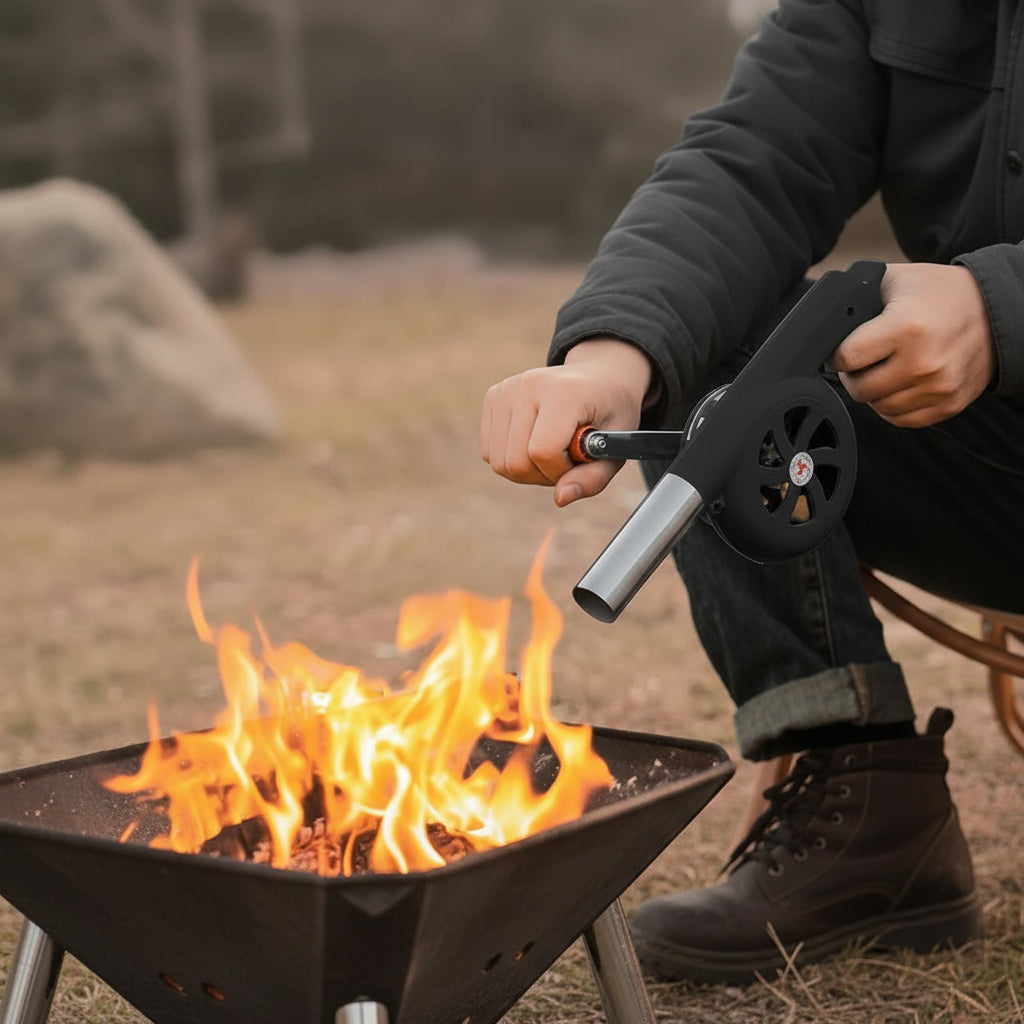 BBQWind Fan - Portable hand crank barbecue fan for easy outdoor firing up