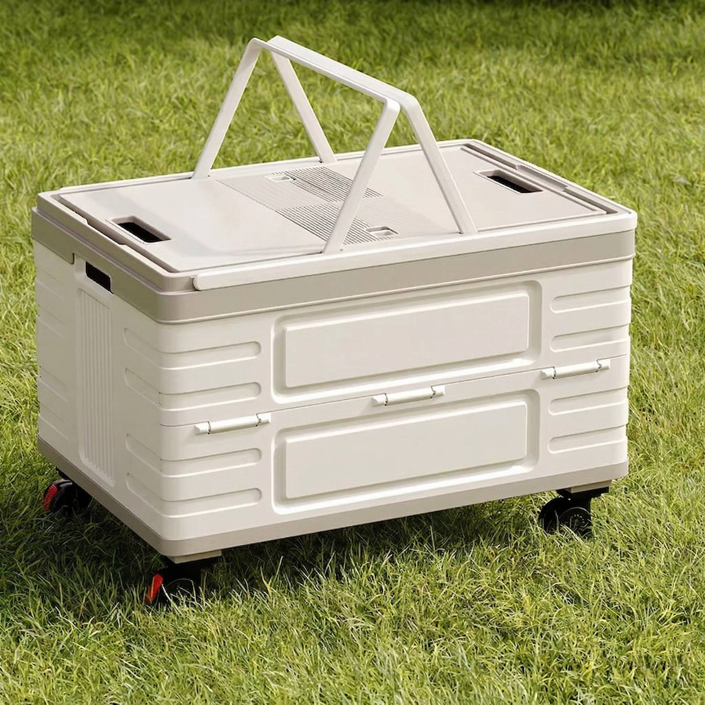 Boîte de rangement d'extérieur pliable portable pour le camping, le pique-nique et le jardin, chariot pliable à roulettes 360° avec couvercle en bois
