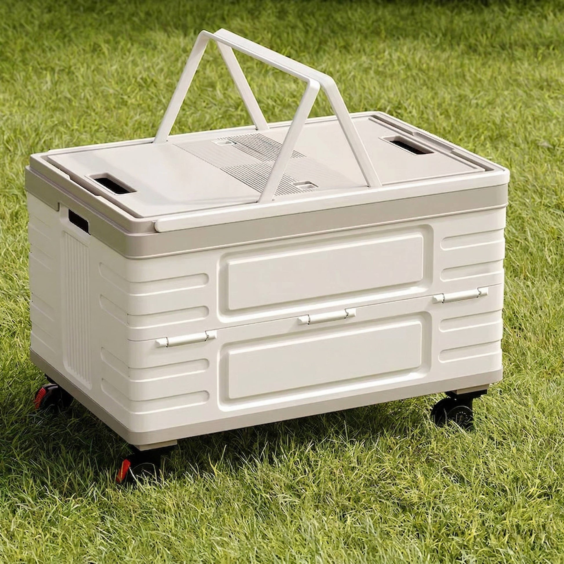 Boîte de rangement d'extérieur pliable portable pour le camping, le pique-nique et le jardin, chariot pliable à roulettes 360° avec couvercle en bois