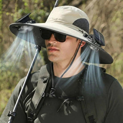 Chapeau de soleil à large bord d'extérieur avec 2 ventilateurs solaires, protection UV pour homme et femme, chapeau rafraîchissant pour le camping et la randonnée