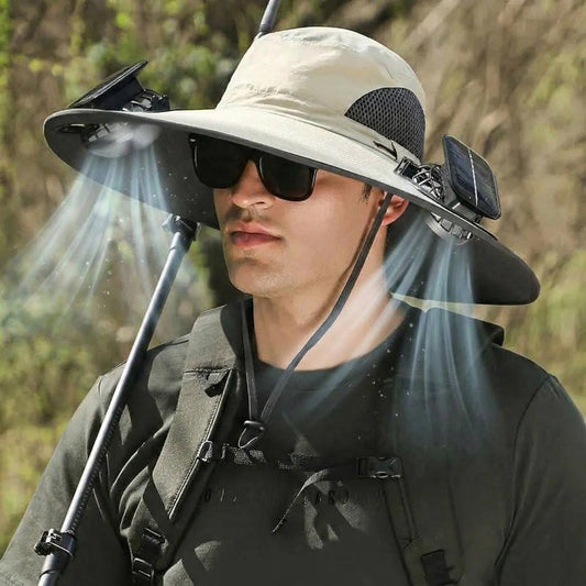 Chapeau de soleil à large bord d'extérieur avec 2 ventilateurs solaires, protection UV pour homme et femme, chapeau rafraîchissant pour le camping et la randonnée