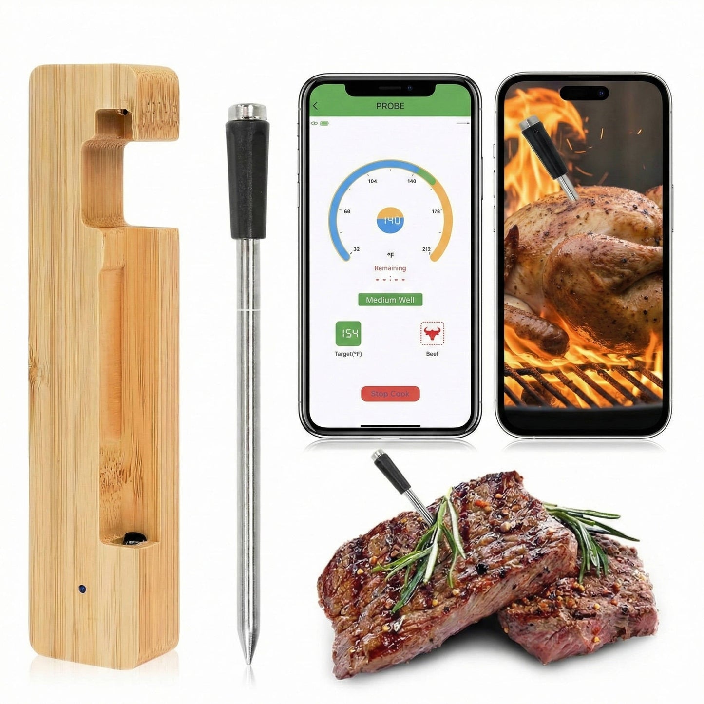 Thermomètre à viande sans fil avec contrôle par application, Bluetooth 5.2, longue portée, étanche IP68, sonde pour barbecue, fumoir, grill et four