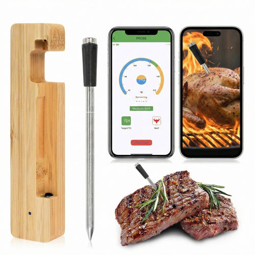 Thermomètre à viande sans fil avec contrôle par application, Bluetooth 5.2, longue portée, étanche IP68, sonde pour barbecue, fumoir, grill et four