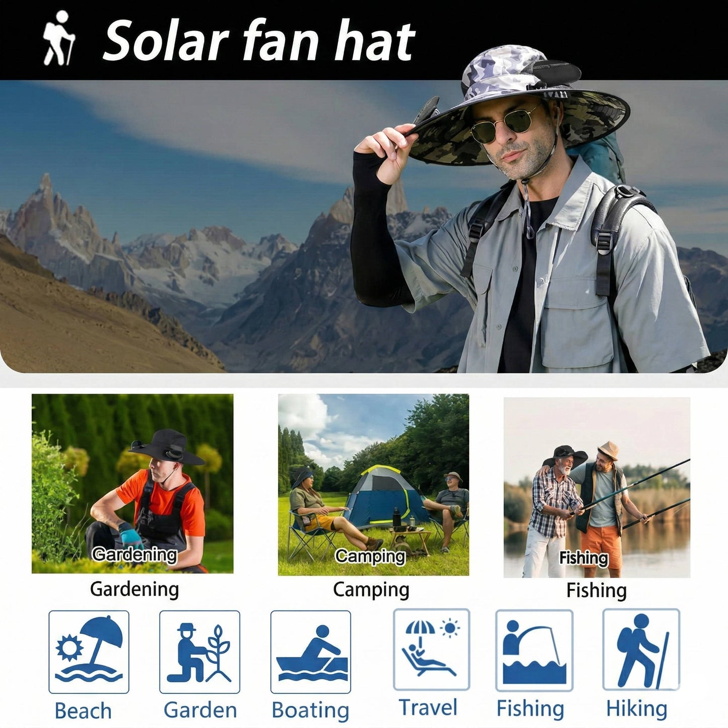 Chapeau de soleil à large bord d'extérieur avec 2 ventilateurs solaires, protection UV pour homme et femme, chapeau rafraîchissant pour le camping et la randonnée