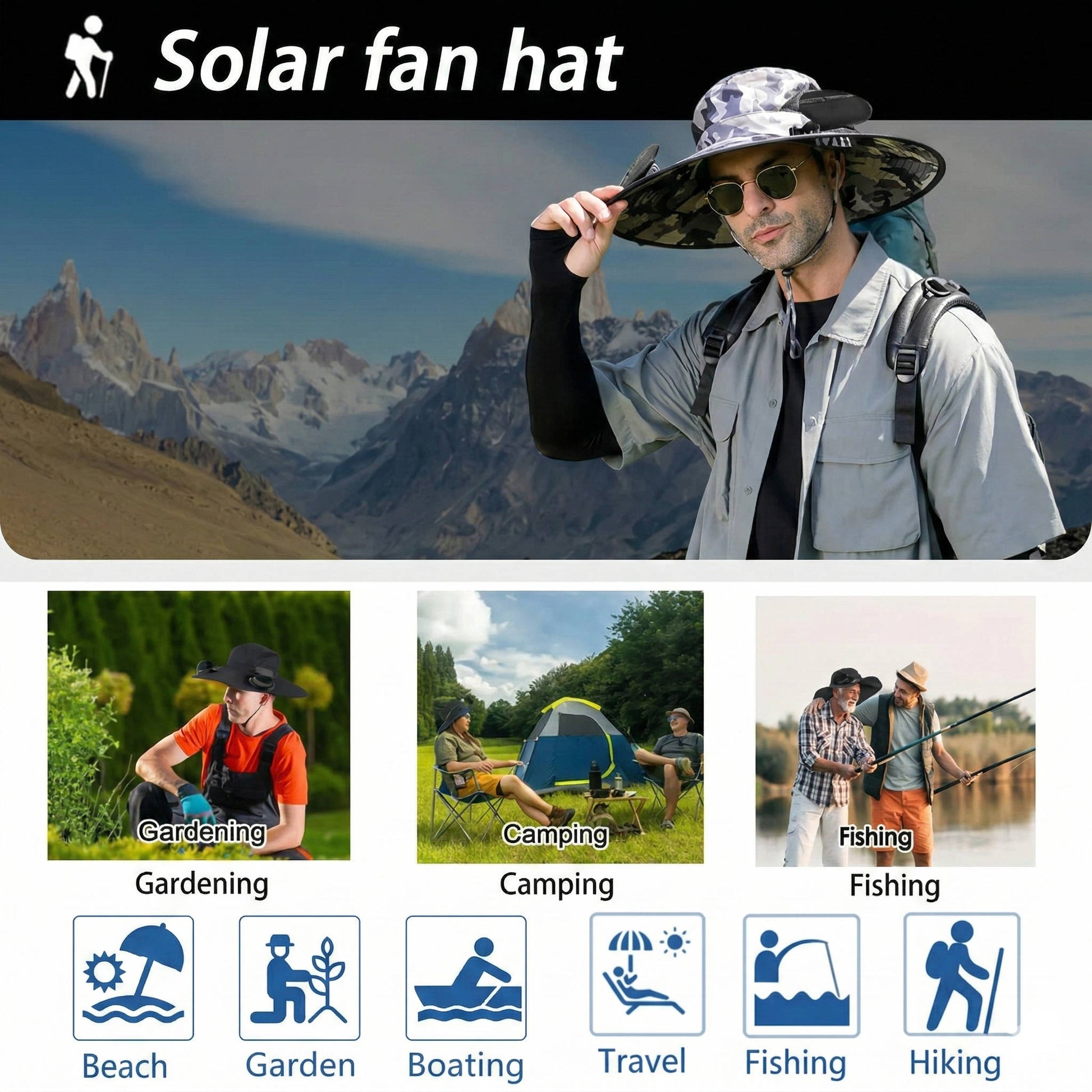 Chapeau de soleil à large bord d'extérieur avec 2 ventilateurs solaires, protection UV pour homme et femme, chapeau rafraîchissant pour le camping et la randonnée
