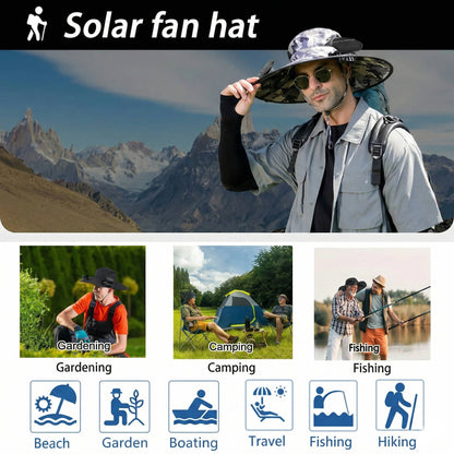 Chapeau de soleil à large bord d'extérieur avec 2 ventilateurs solaires, protection UV pour homme et femme, chapeau rafraîchissant pour le camping et la randonnée