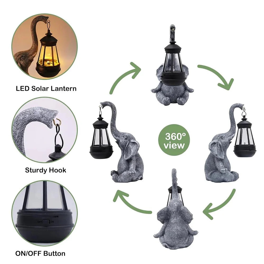 ELEGLORA – Elephant garden statue with solar lantern for outdoor areas