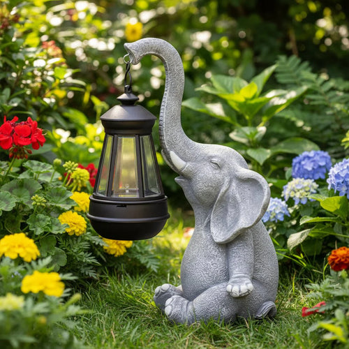 ELEGLORA – Elephant garden statue with solar lantern for outdoor areas