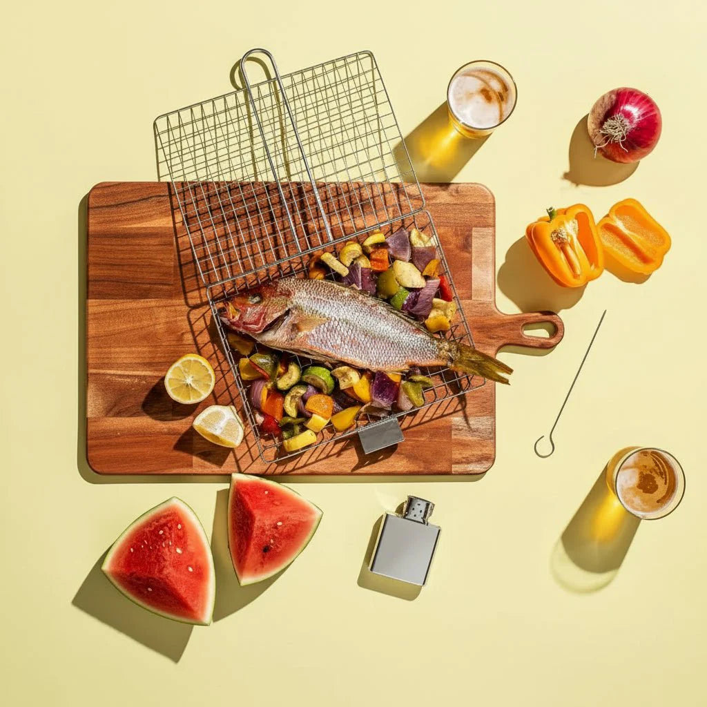 GRILLBASK – Portable Stainless Steel Grill Basket for Fish & Vegetables