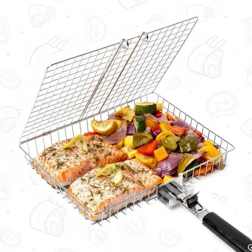 GRILLBASK – Portable Stainless Steel Grill Basket for Fish & Vegetables