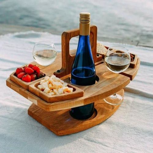 Portable Wooden Picnic Table - Foldable wooden table with glass holders & snack compartments for garden, beach & outdoor use