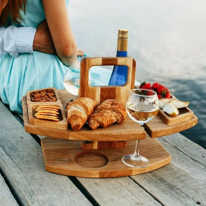 Portable Wooden Picnic Table - Foldable wooden table with glass holders & snack compartments for garden, beach & outdoor use
