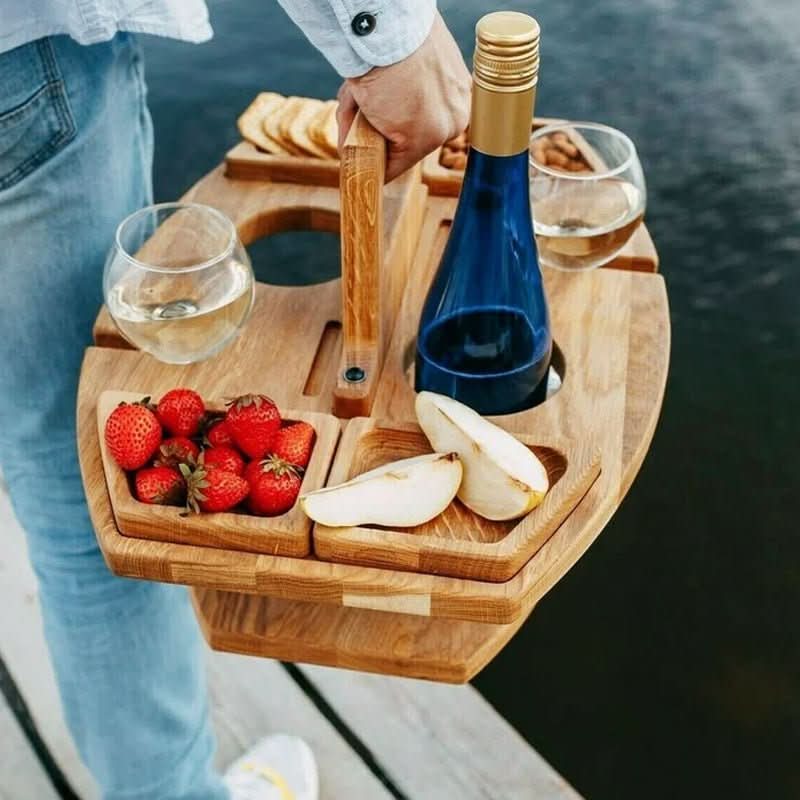 Portable Wooden Picnic Table - Foldable wooden table with glass holders & snack compartments for garden, beach & outdoor use