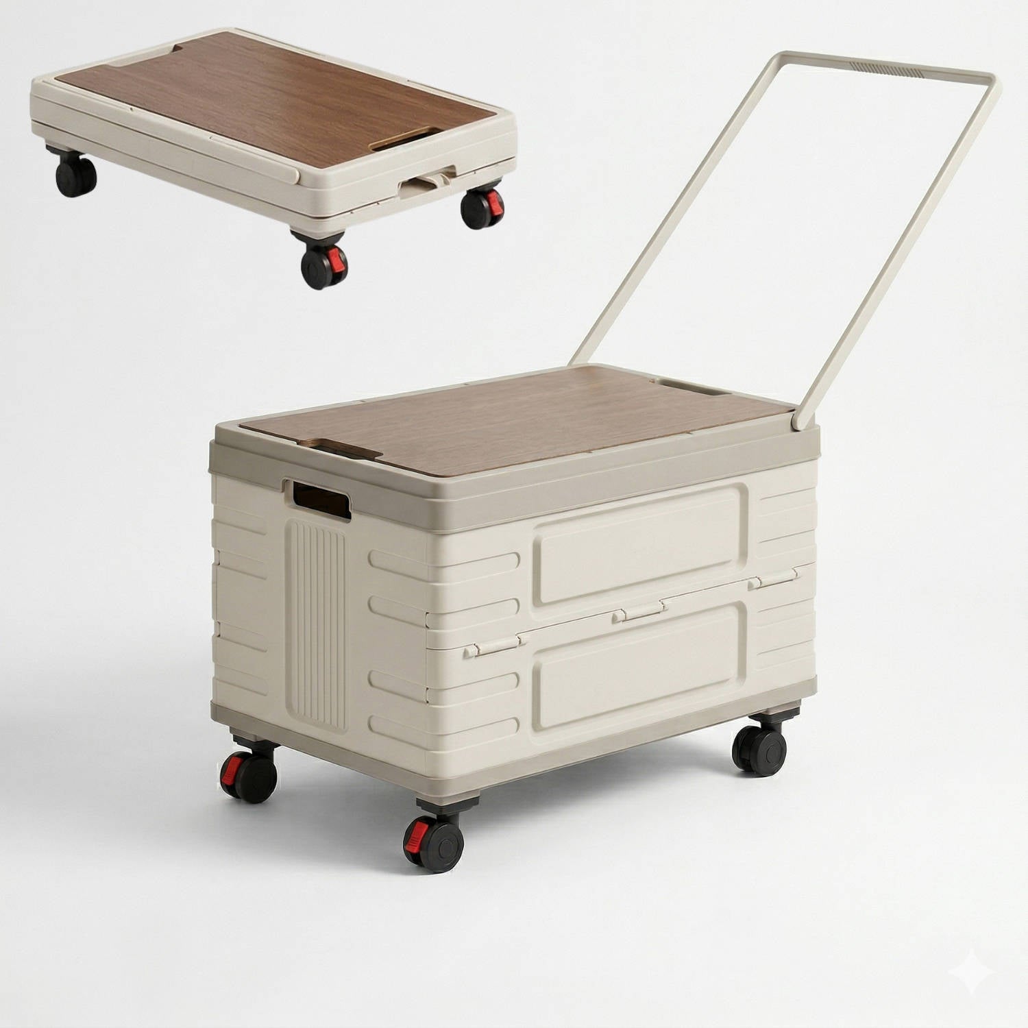 Boîte de rangement d'extérieur pliable portable pour le camping, le pique-nique et le jardin, chariot pliable à roulettes 360° avec couvercle en bois