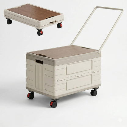 Boîte de rangement d'extérieur pliable portable pour le camping, le pique-nique et le jardin, chariot pliable à roulettes 360° avec couvercle en bois