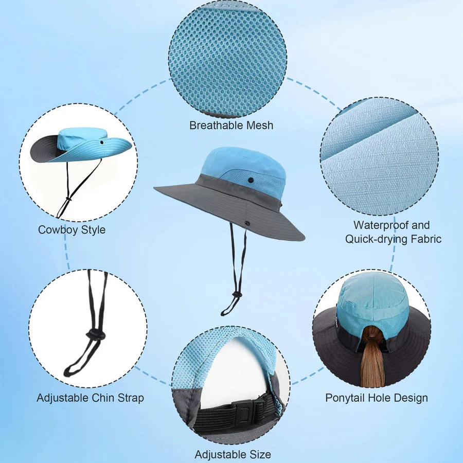 Chapeau de soleil pliable, style pêcheur avec protection UV et sangle réglable