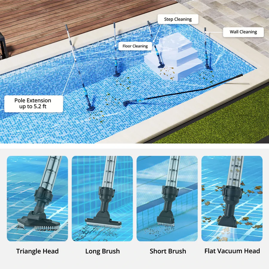 Aspirateur de piscine sans fil rechargeable avec têtes interchangeables