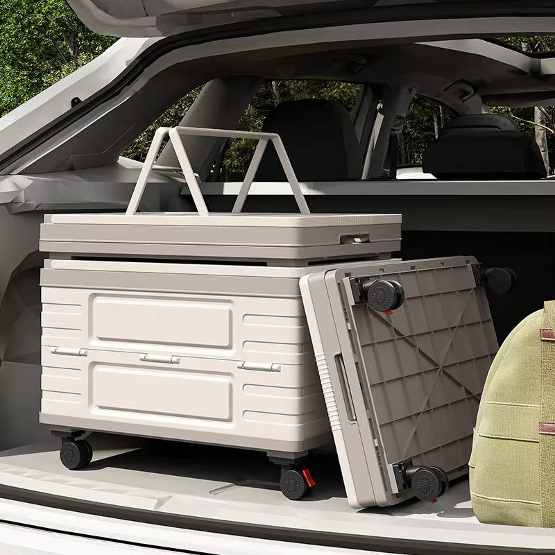 Boîte de rangement d'extérieur pliable portable pour le camping, le pique-nique et le jardin, chariot pliable à roulettes 360° avec couvercle en bois