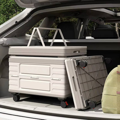 Boîte de rangement d'extérieur pliable portable pour le camping, le pique-nique et le jardin, chariot pliable à roulettes 360° avec couvercle en bois