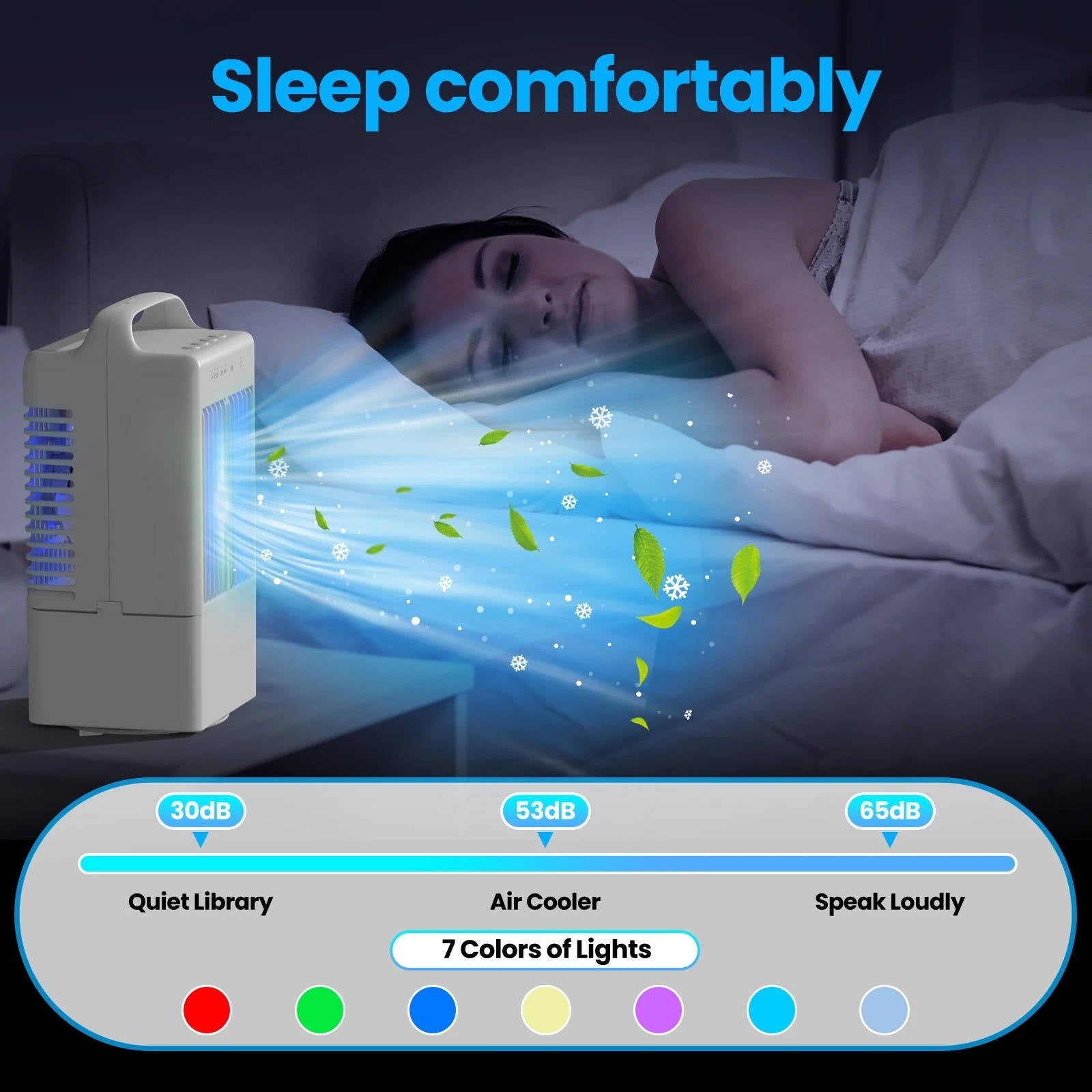 Ventilateur rafraîchissant USB personnel, mini-climatiseur de bureau avec lumière d'ambiance colorée, 4 vitesses et minuteur intelligent