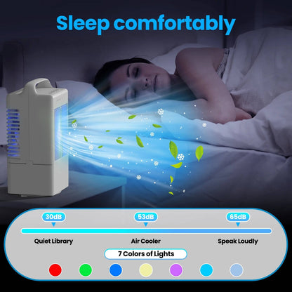 Ventilateur rafraîchissant USB personnel, mini-climatiseur de bureau avec lumière d'ambiance colorée, 4 vitesses et minuteur intelligent
