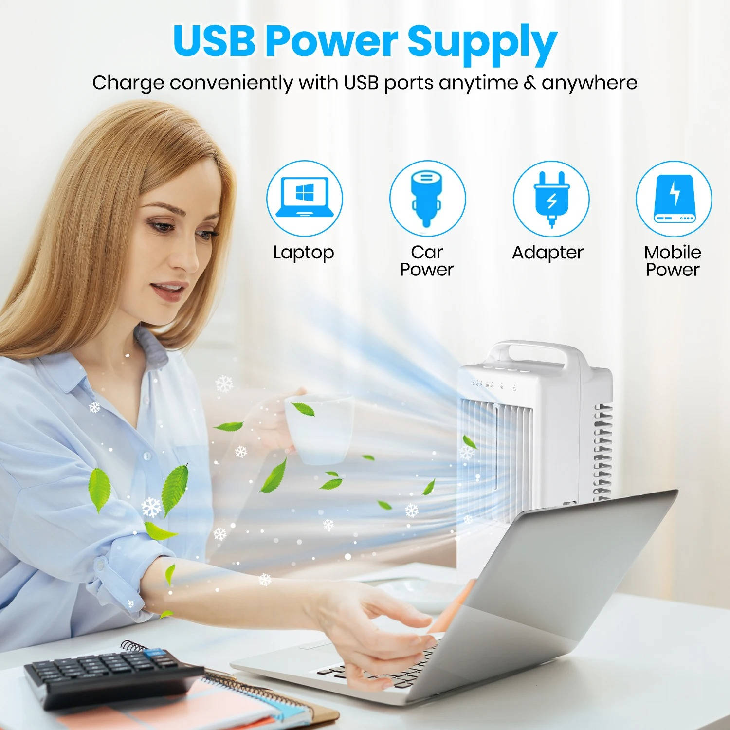 Ventilateur rafraîchissant USB personnel, mini-climatiseur de bureau avec lumière d'ambiance colorée, 4 vitesses et minuteur intelligent