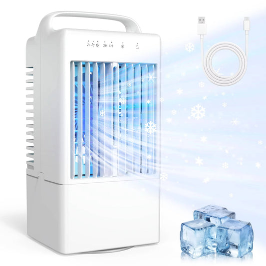Ventilateur rafraîchissant USB personnel, mini-climatiseur de bureau avec lumière d'ambiance colorée, 4 vitesses et minuteur intelligent