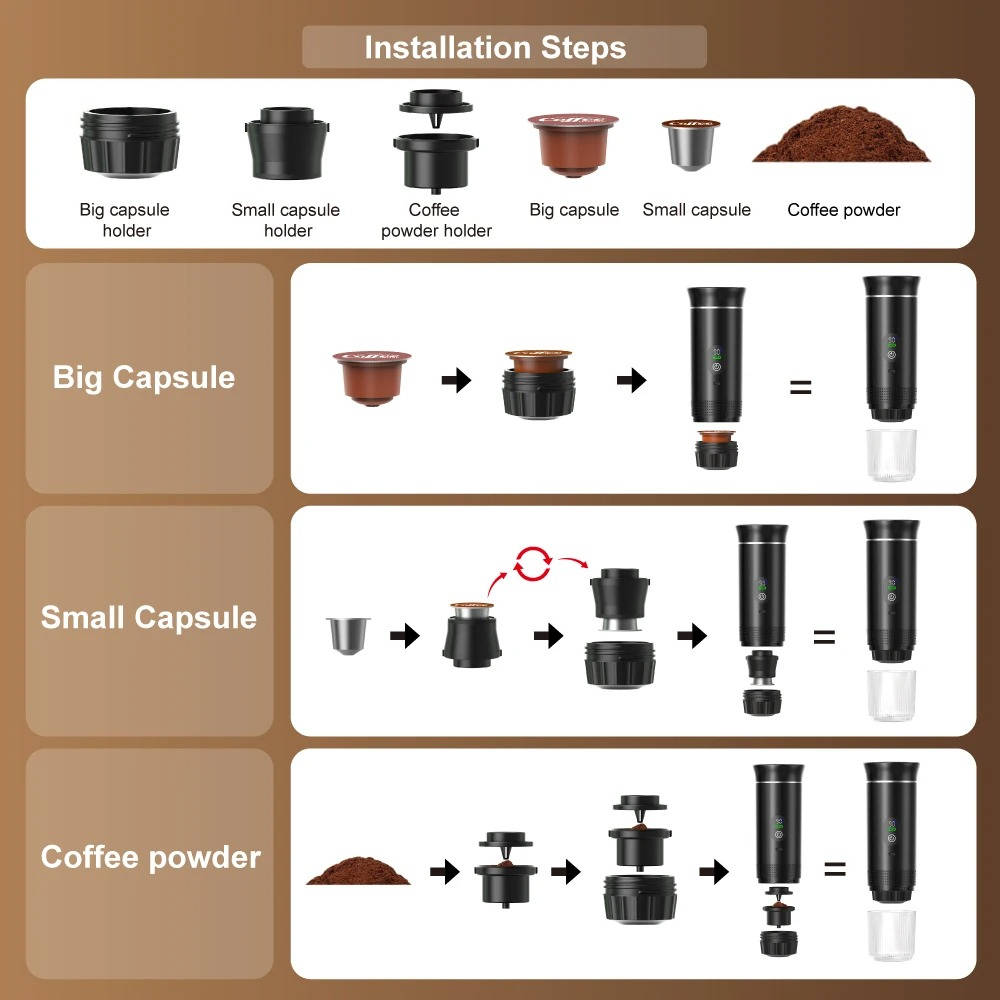 Mini-machine à café portable pour voiture, maison et camping, espresso, capsules et café moulu