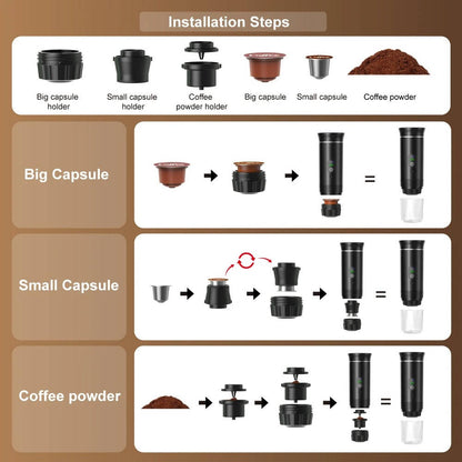 Mini-machine à café portable pour voiture, maison et camping, espresso, capsules et café moulu