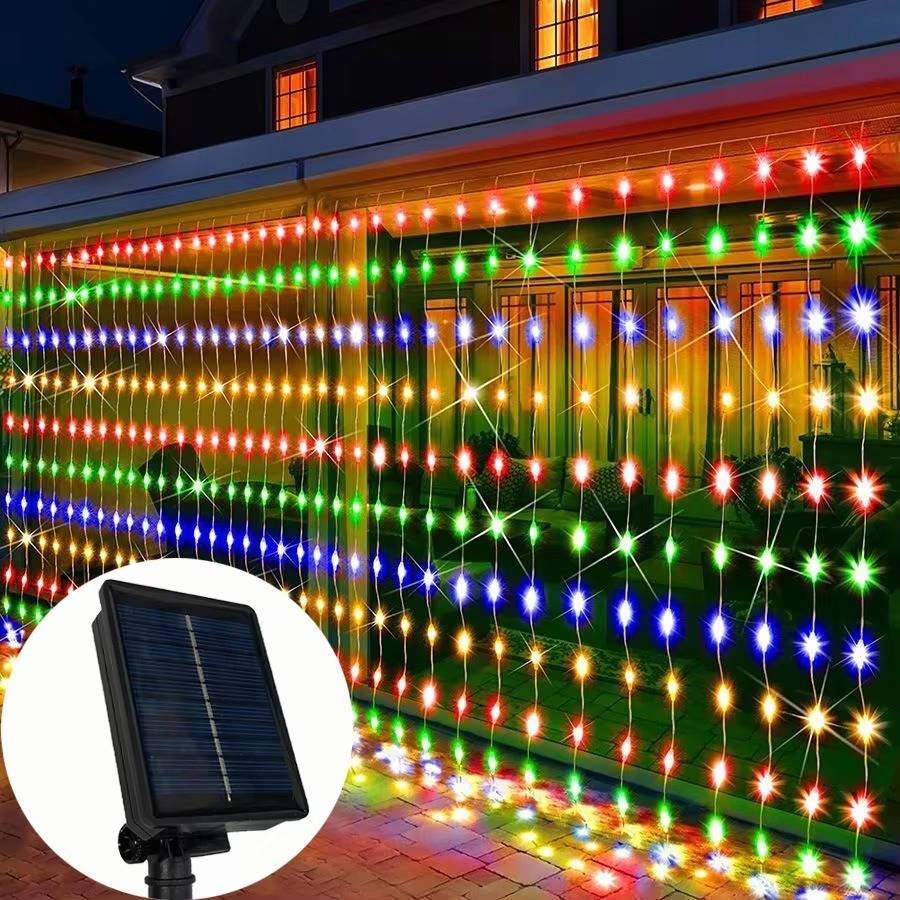 Guirlande rideau solaire LED, guirlande lumineuse féerique étanche d'extérieur pour jardin et terrasse
