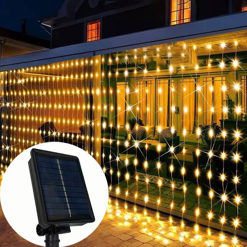 Guirlande rideau solaire LED, guirlande lumineuse féerique étanche d'extérieur pour jardin et terrasse