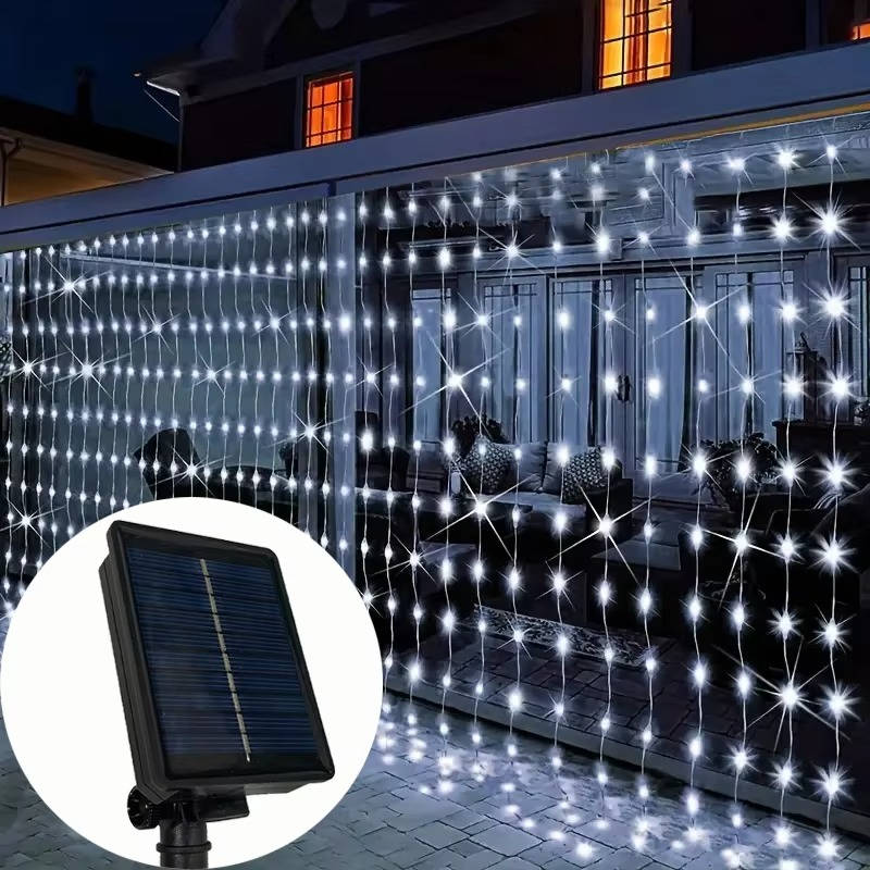 Guirlande rideau solaire LED, guirlande lumineuse féerique étanche d'extérieur pour jardin et terrasse