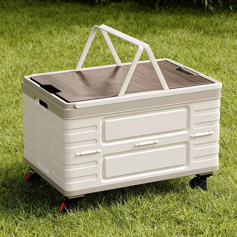 Boîte de rangement d'extérieur pliable portable pour le camping, le pique-nique et le jardin, chariot pliable à roulettes 360° avec couvercle en bois