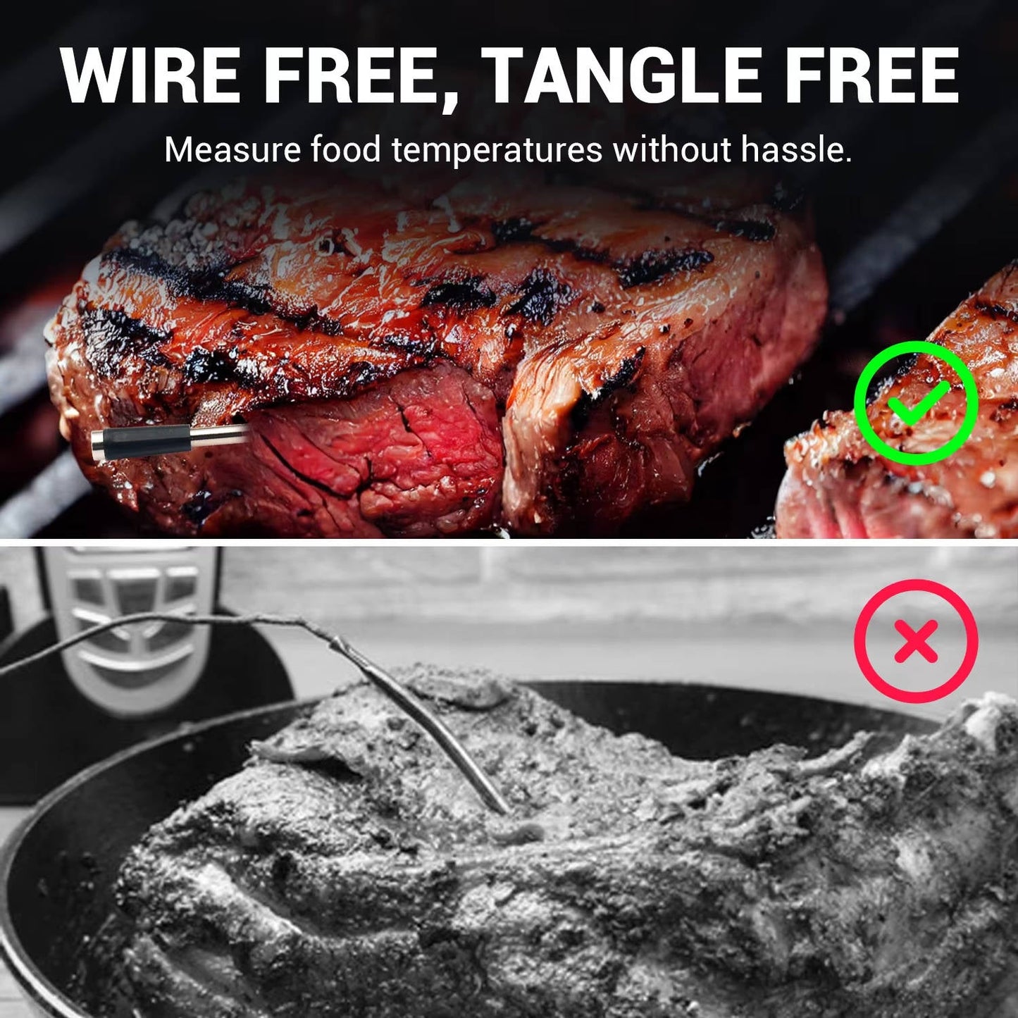 Thermomètre à viande sans fil avec contrôle par application, Bluetooth 5.2, longue portée, étanche IP68, sonde pour barbecue, fumoir, grill et four