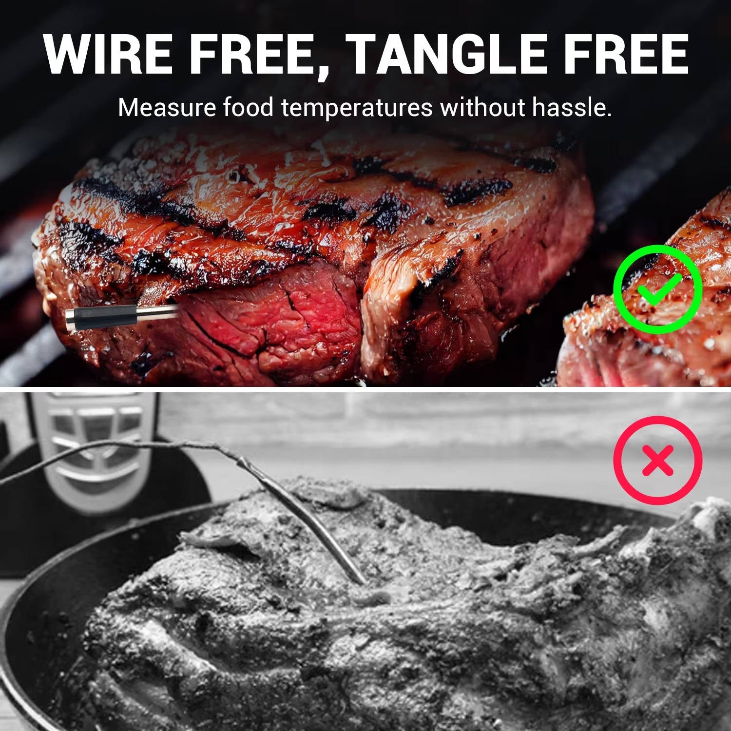 Thermomètre à viande sans fil avec contrôle par application, Bluetooth 5.2, longue portée, étanche IP68, sonde pour barbecue, fumoir, grill et four