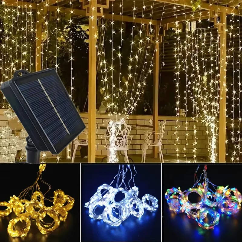 Guirlande rideau solaire LED, guirlande lumineuse féerique étanche d'extérieur pour jardin et terrasse