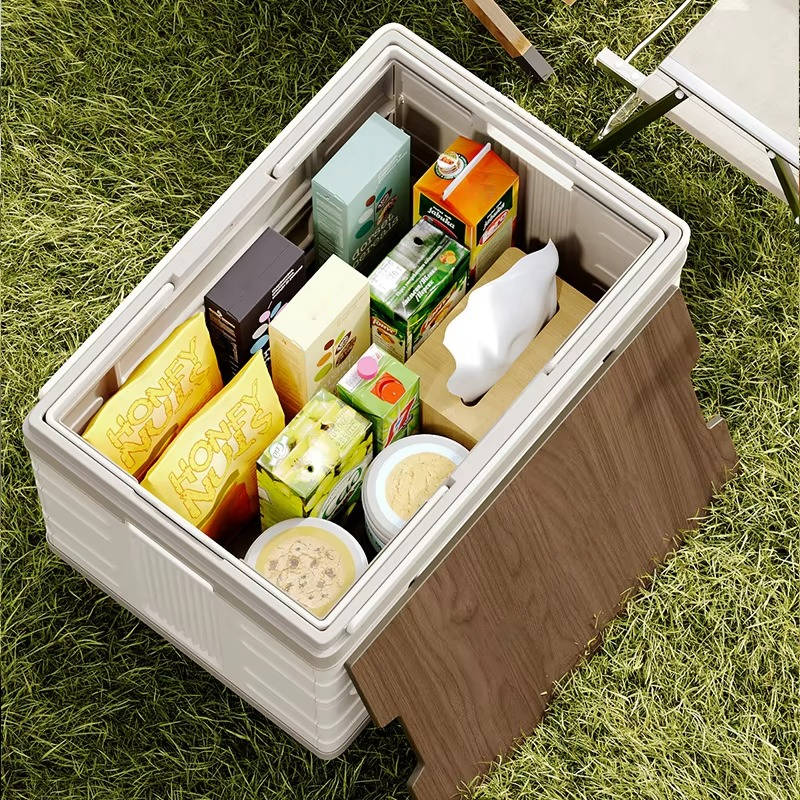 Boîte de rangement d'extérieur pliable portable pour le camping, le pique-nique et le jardin, chariot pliable à roulettes 360° avec couvercle en bois